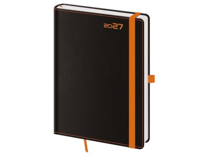denni diar a5 2027 black orange s poutkem na propisku gumicka